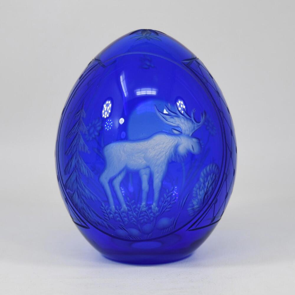 Faberge Modern Cobalt Blue Cut Crystal Glass Egg 4" Moose Floral Diamond Russia
